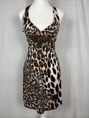 Cache Vintage Y2K Leopard Animal Print Halter Top Mini Dress with Buckle